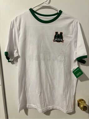Unbranded White Ringer Tee with Green Trim and Lucky Horseshoe Patch